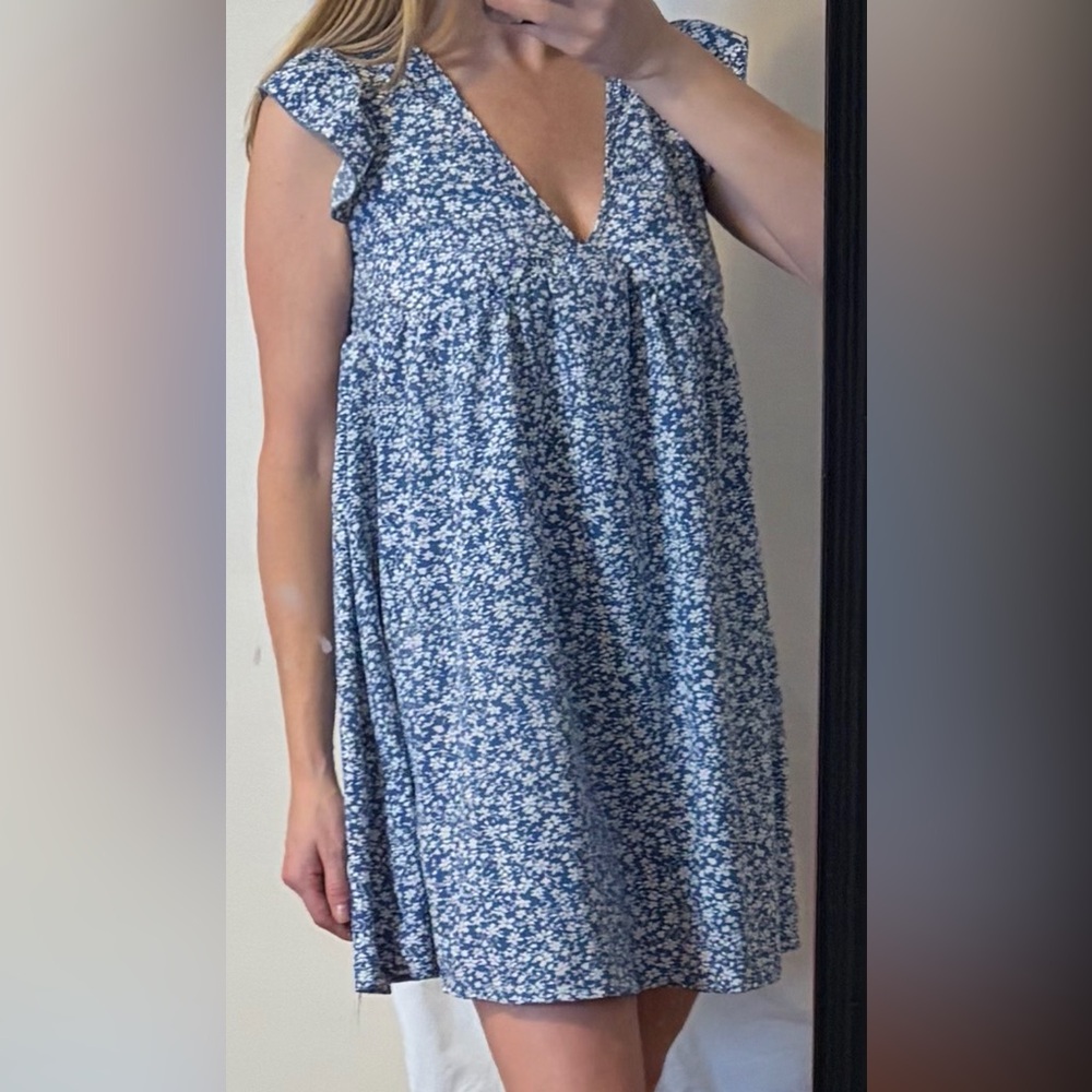 Mini Babydoll Dress Women’s Medium Blue Floral Ruffle Sleeve
